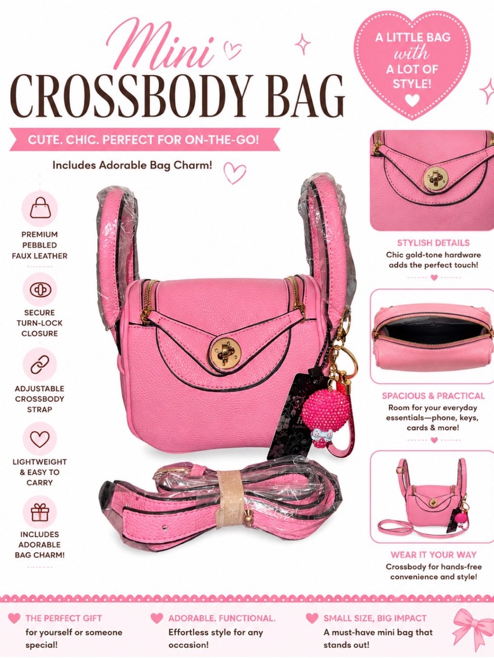 BUBBLEGUM PINK SHOULDER HANDBAG & SPARKLE PINK BAGCHARM